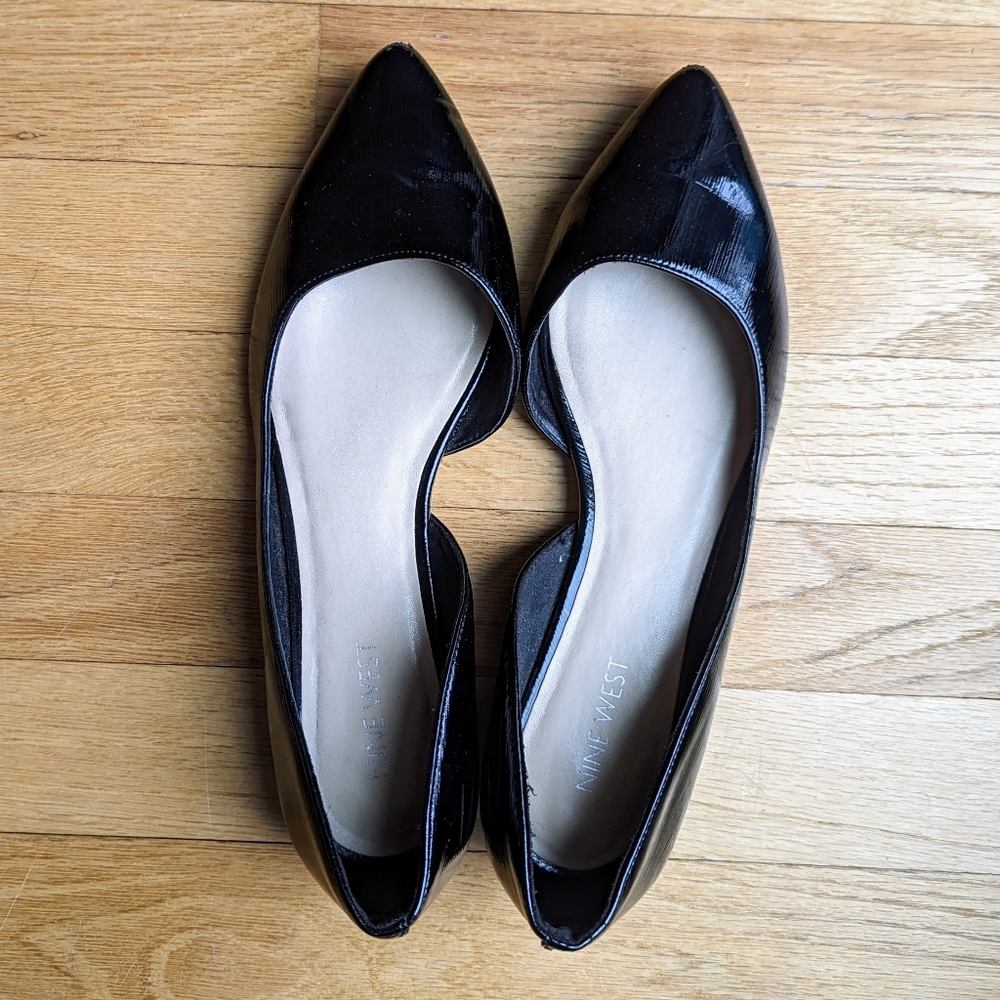 Black Patent Leather Nine West Point Toe Flats, Size 8
